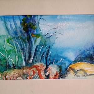 Dipinto originale di paesaggio ad acquerello su carta per acquerello con passepartout