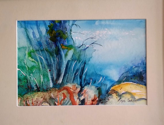 Original watercolor landscape painting on watercolor paper with passepartout