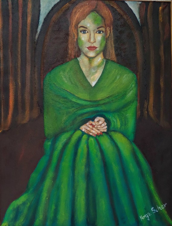 Original Unikat Ölgemälde Frau Portrait in Grünem Kleid auf Leinwand