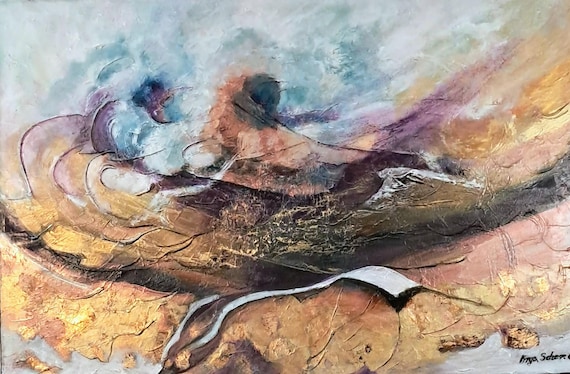 Originale Große Strukturierte Surrealistische Gemälde mit  Blattgold und Ölfarben auf Leinwand
