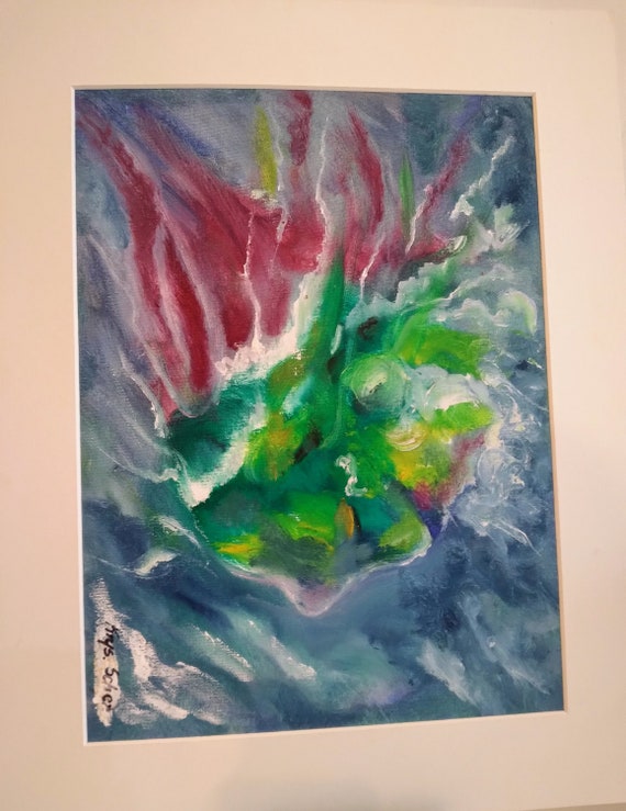 Original abstract sea motif oil painting on oil painting board with passepartout