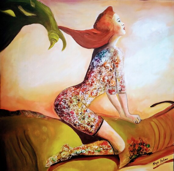Original Hand Painted Surrealist Woman on the Dino Oil Painting on Canvas