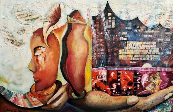 Große Originale Handgemalte Hamburg Elbfilharmonie Eröffnung Gemälde auf Leinwand