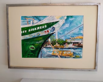 Originale Aquarell Hamburg  Hafen Malerei auf Aquarellpapier mit Passepartout und Rahmen