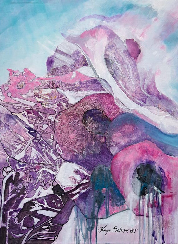 Original Modern Abstract Hand Painted Purple Acrylic Floral Paintings on Canvas