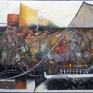 Originele handgeschilderde abstracte schilderijen met encaustic en schellak op houten schilderbord