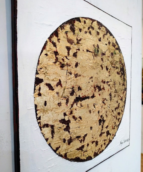 Original Abstrakte Strukturierte  Runde  Ölgemälde mit Blattgold auf Leinwand