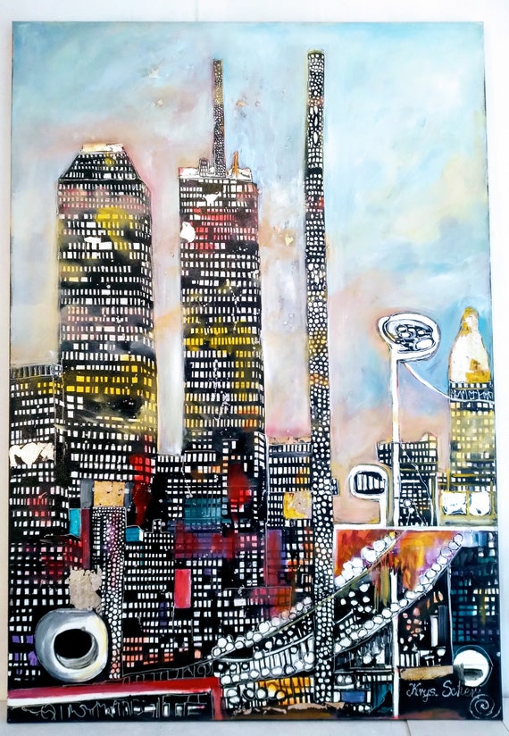 Originale Handgemalte Große Moderne Ölgemälde New York auf Leinwand