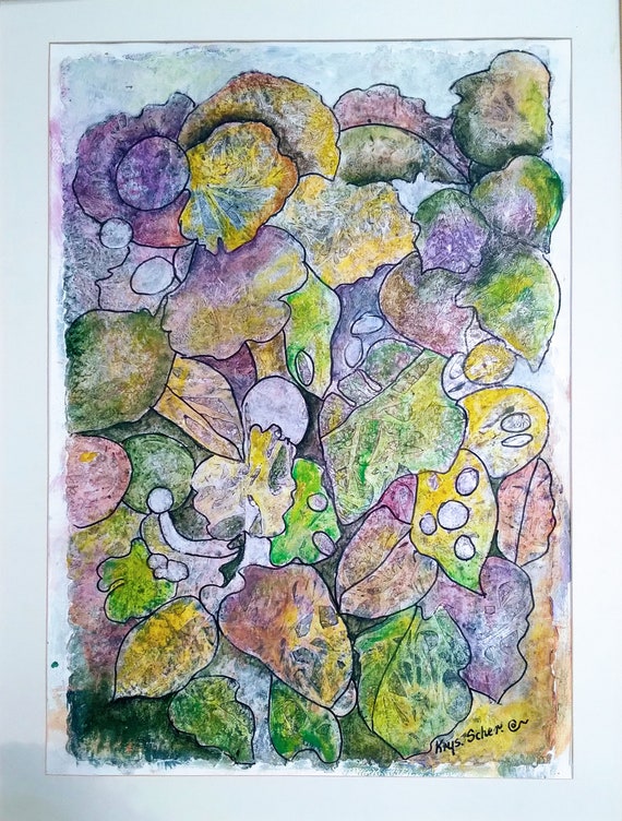 Originale Abstrakte Blätterpflanzen Malerei auf  Papier mit Passepartout