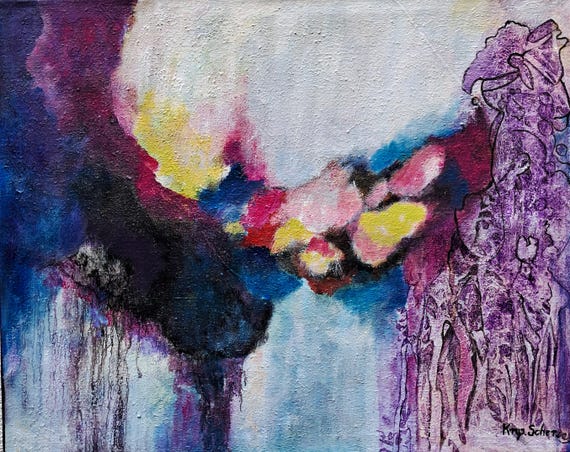 Originale Abstrakte Acryl Blau Lila Landschaft Gemälde auf Leinwand Jute