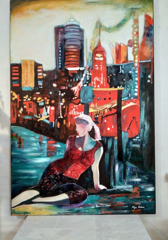 Large Original Magic Realism Hamburg Harbor Oil Painting on Canvas