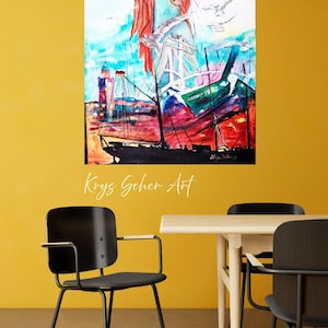 Puede incluir: Pintura original en acuarela que representa una figura con cabello rojo ondeante, gaviotas y un paisaje marino con barcos y un faro. La obra de arte está firmada "Krys Scher Art". La pintura se exhibe en una pared amarilla.
