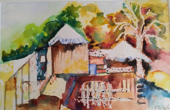 Originale Aquarell Landschaft auf  Aquarellpapier mit Passepartout