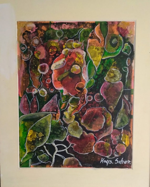 Originale Abstrakte Unikat Bunte Blumen Malerei auf Papier mit Passepartout