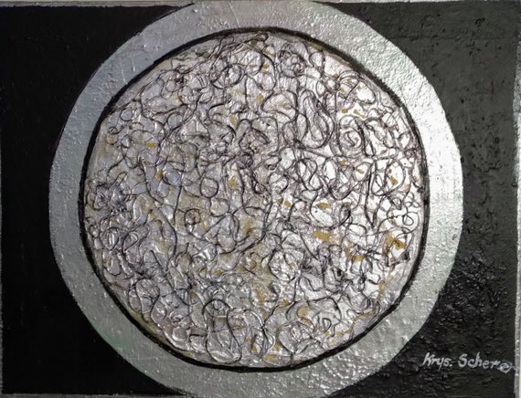 Original Modern Abstract Silver Black Collage and Oil Colors Painting on Canvas