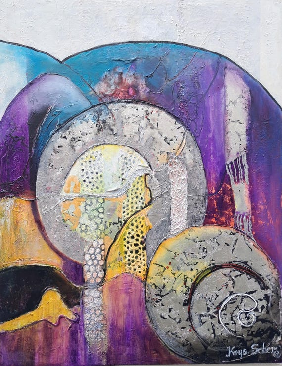Original Large Hand-Painted Abstract Oil Paintings with Silver Leaf on Canvas