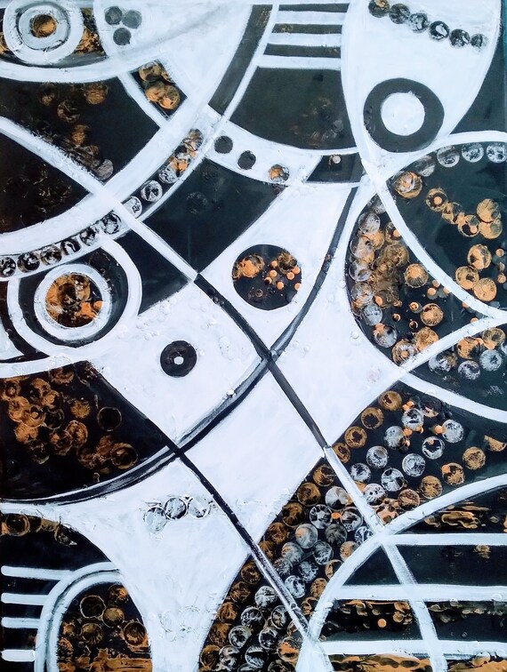 Originale Abstrakte Moderne Strukturierte Grafische Schwarz Weiß Gold Gemälde auf Leinwand