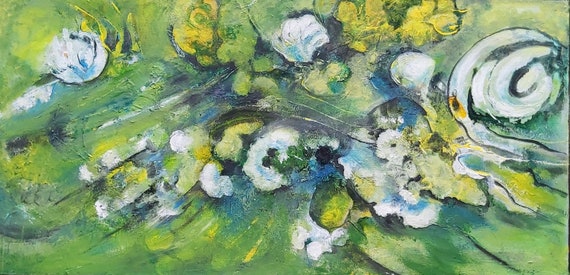 Originale Abstrakte Dekorative Grün Gelb Acryl Gemälde auf Leinwand
