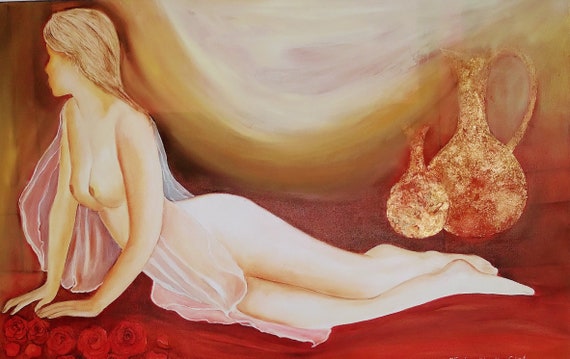Original Unique Hand-Painted Women Nude Oil Painting with Gold Leaf on Canvas