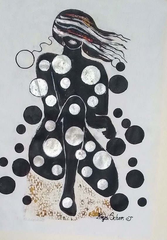 Original Abstract Black and White Nude Graphic Woodcut on Paper with Passepartout