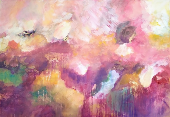 Originale Expressionistische Acryl und Öl Abstrakte Lila Blau große Gemälde auf Leinwand