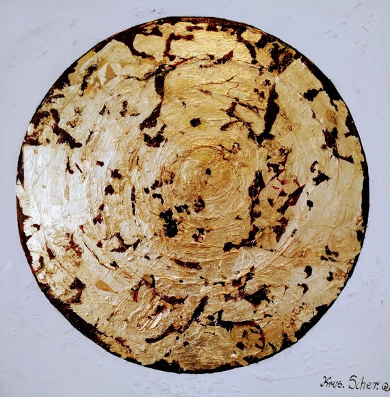 Original Abstrakte  Strukturierte Blattgold und Ölfarben Runde Gemälde auf Leinwand