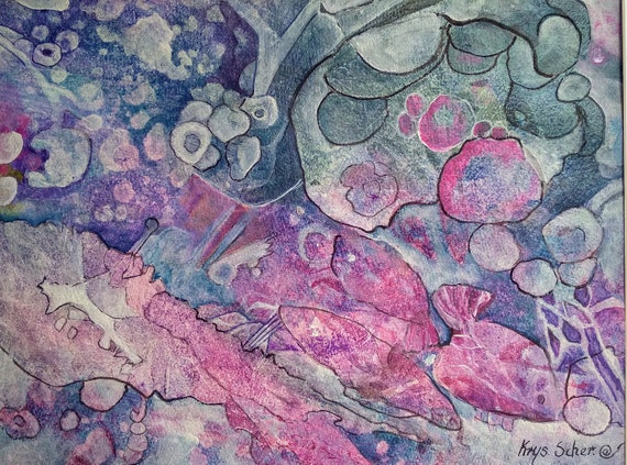 Original Handgemalte Abstrakte  Aquarell und Acryl Florale Gemälde auf Papier