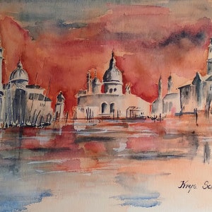 Impressionist watercolor Venice landscape on paper with passepartout