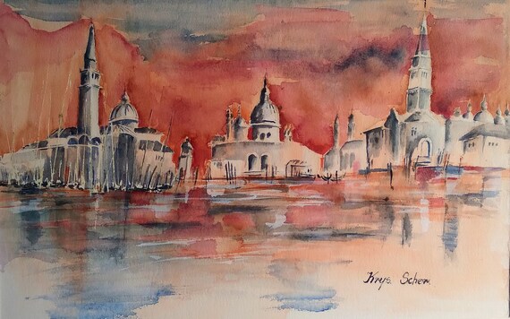 Impressionistische Aquarell Venedig Landschaft auf Papier mit Passepartout