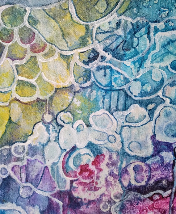 Originale Moderne Abstrakte Florale Malerei auf Aquarellpapier mit Pasepartout