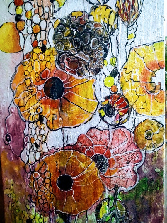 Originale Handgemalte Abstrakte Blumen Acrylic Pouring Malerei auf Leinwand