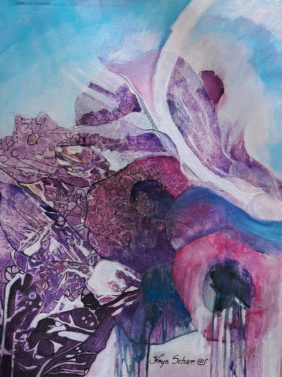 Original Modern Abstract Hand Painted Purple Acrylic Floral Paintings on Canvas