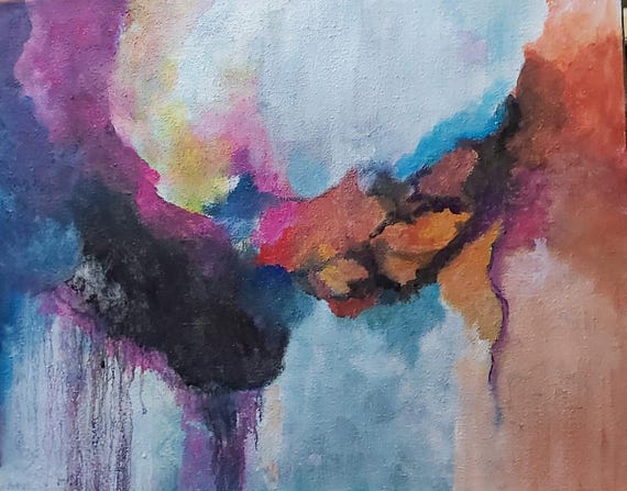Originale Abstrakte Acryl Blau Lila Landschaft Gemälde auf Leinwand Jute