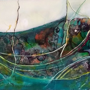 Original Modern Abstract Seascape Turquoise Encaustic and Oil Painting on Canvas