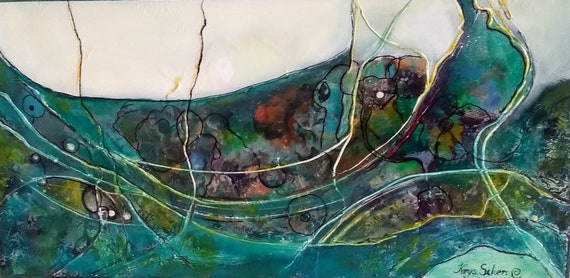 Original Modern Abstract Seascape Turquoise Encaustic and Oil Painting on Canvas