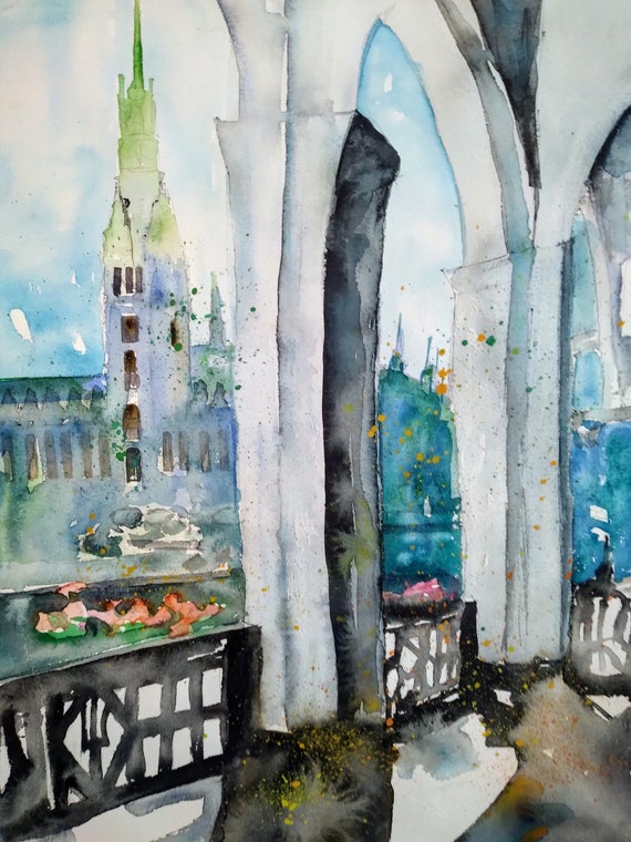 Originale Hamburg Aquarell Kunst auf Aquarellpapier mit Passepartout