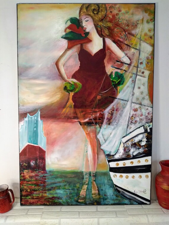 Original Large Surrealist Hamburg Oil Painting on Canvas