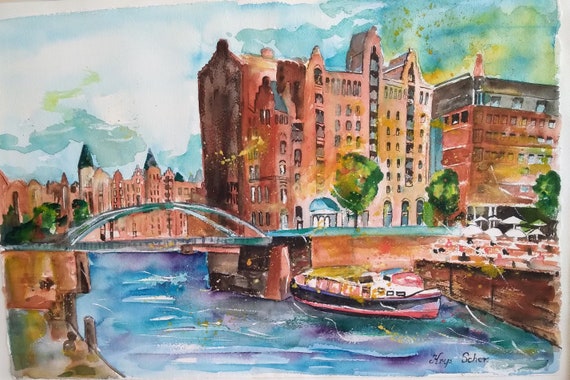 Original watercolor Hamburg Hafen City art on watercolor paper with passepartout
