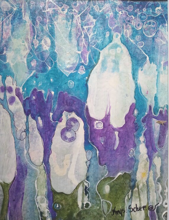 Originale Abstrakte Unikat  Aquarell und Acryl Malerei auf Aquarellpapier mit Passepartout