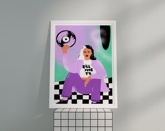 Kill Your TV Checkered Print | Wall Art Glicee Print | Digital Print, Grrl Power, Feminist Art, HD Print | A2, A3, A4, A5 Sizes