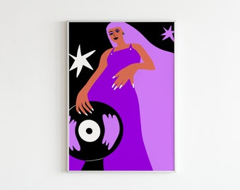 DJ Women Wall Art Print | Glicee Print | Digital Print, Empowering Women Art, Feminist Art, Vinyl Record Art  | A2, A3, A4, A5 Sizes