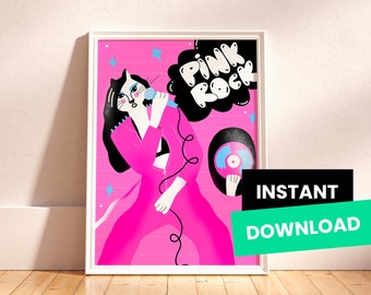 Pink Rock Cute Cartoon Cat | Printable Wall Art | Digital Print, Punk Rock Art, Unique Wall Decor, Cat Wall Art | High Quality File A3 Size