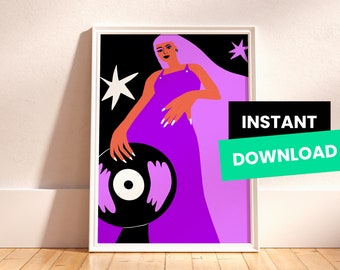 DJ Woman Illustration | Printable Wall Art | Digital Print, Feminist Art, Unique Wall Decor, Vinyl Record Art | High Quality File A3 Size