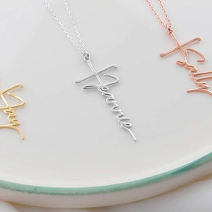 Personalized Signature Name Cross Necklace | Dainty Custom Modern Cross Jewelry in Silver, Gold and Rose