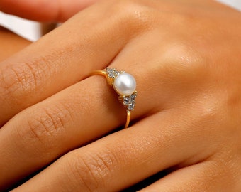 14K Gold Delicate Pearl Ring with Diamond | Pearl Victorian Ring in 14K Gold Filled