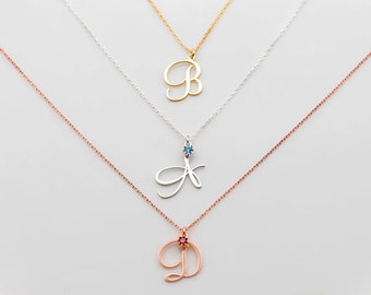 Custom Initial Necklace with Birthstone | Personalized Dainty Gemstone Letter Charm Necklace