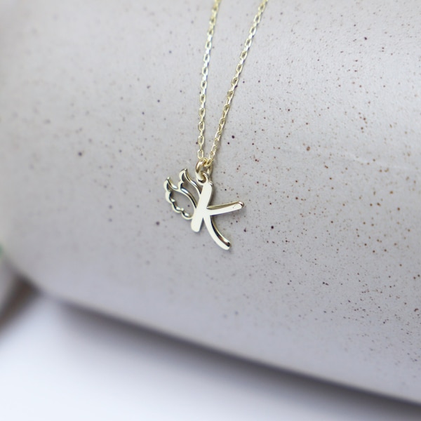 Gold Initial Custom Necklace with Angel Wing | Personalized Sterling Silver Initial Necklace for Women | Mom Gift | Bridal Shower Gift