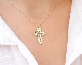 Christian Eastern Orthodox Cross Necklace, IC NC NIKA Religious Jewelry, in Sterling Silver, Gold and Rose Gold