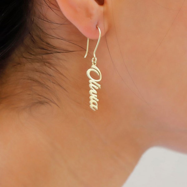 Stylish Vertical Name Dangle Earrings,Delicate Dangling Name Earrings,Everyday Earrings,Personalized Handmade Jewelry,Custom Gift for Mom