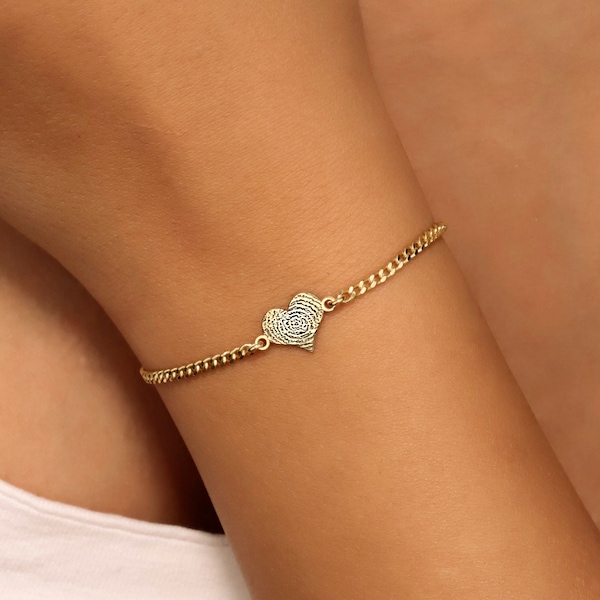 Personalized Actual Fingerprint Heart Bracelet with Curb Chain, Custom Engraved Thumbprint 925 Silver Charm Bracelet, Unique Keepsake Gift